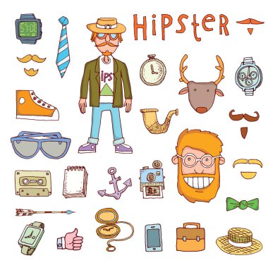 Hipster kümesi doodle, çizilen illüstrasyon ver..   