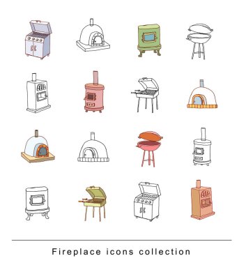  şömine doodle seti, vektör illüstrasyon