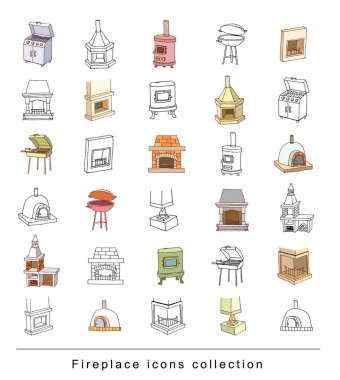  şömine doodle seti, vektör illüstrasyon