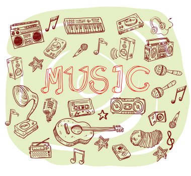 Müzik doodle koleksiyonu, elle çizilmiş illüstrasyon.