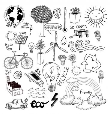 Doodle seti - ecoeco, vektör illüstrasyon.