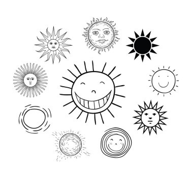 Beyaz arka planda izole edilmiş güneş simgeleri kümesi. Vektör illustrati