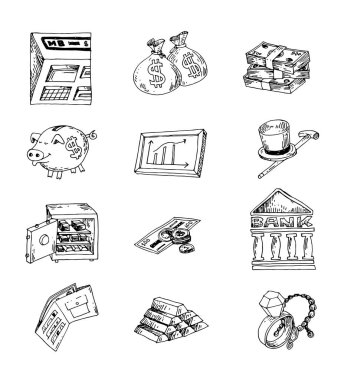 Para ve İşadamı simgeleri seti, el çizilmiş.