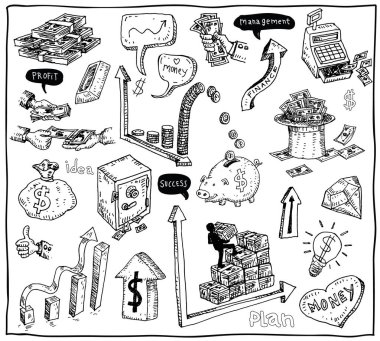 Para ve İşadamı simgeleri seti, el çizilmiş.