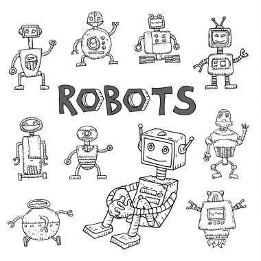 Robot karikatür doodle, vektör illüstrasyon.