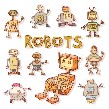 Robot karikatür doodle, vektör illüstrasyon.