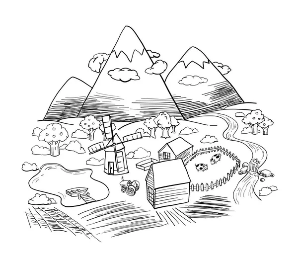Vallée d'automne, Vecteur paysage de montagne Eco ferme . — Image vectorielle