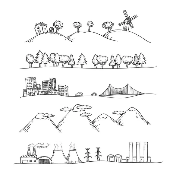  Manzaraların vektör illüstrasyonu. Doodles elle çizilmiş tarzı.