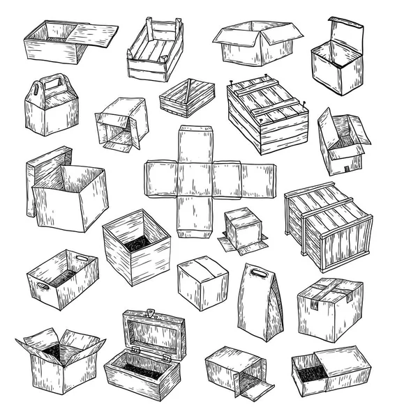 Boxes Collection Doodles Set Vector Illustration — 스톡 벡터