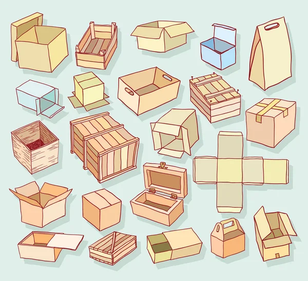 Boxes Collection Doodles Set Vector Illustration — Stok Vektör