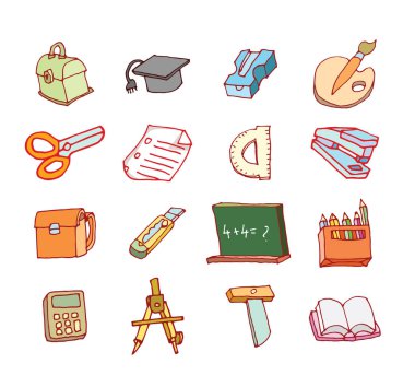 Okula dön, öğeleri, etiket ve simge kümesini karalamalar. Vektör