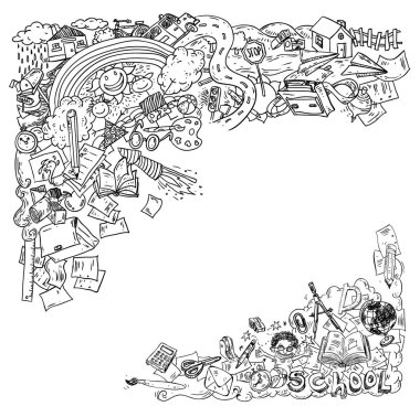 Okula dön, öğeleri, etiket ve simge kümesini karalamalar. Vektör