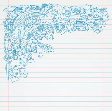 Okula dön, öğeleri, etiket ve simge kümesini karalamalar. Vektör