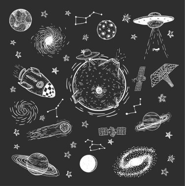 Gezegenler ini, el çizilmiş vektör illüstrasyon kümesi.