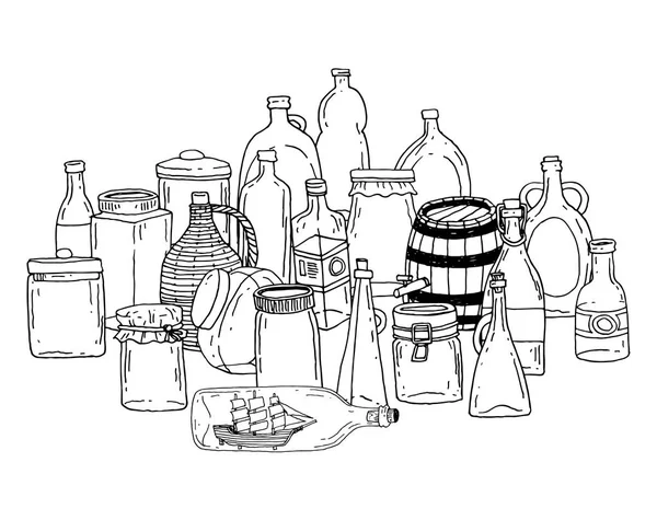 Fles Instellen Doodle Vectorillustratie — Stockvector