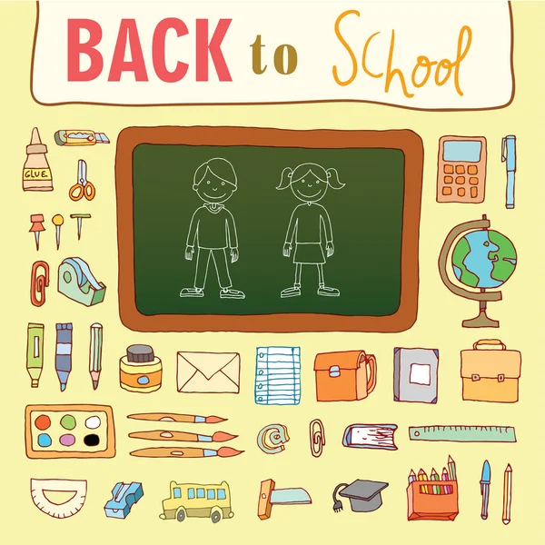 Okula dön, öğeleri, etiket ve simge kümesini karalamalar. Vektör