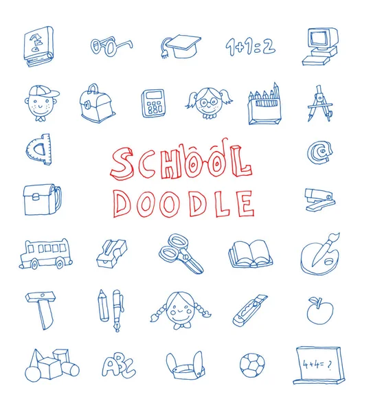 Tillbaka till skolan doodles element, uppsättning etiketter och ikoner. Vektor — Stock vektor