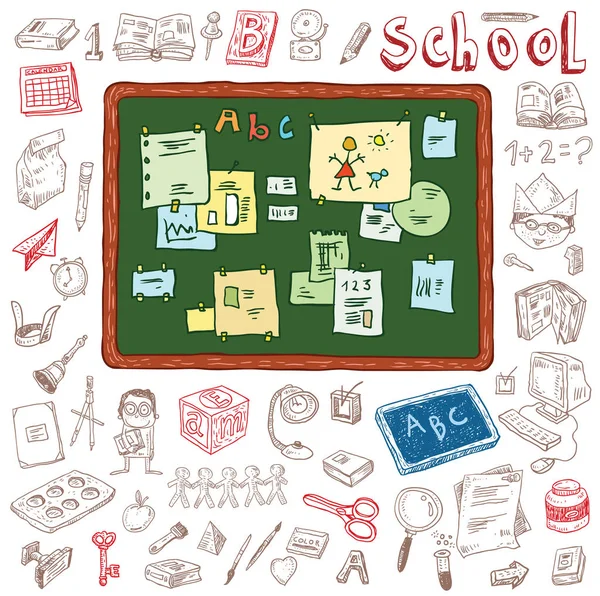 Tillbaka till skolan doodles element, uppsättning etiketter och ikoner. Vektor — Stock vektor