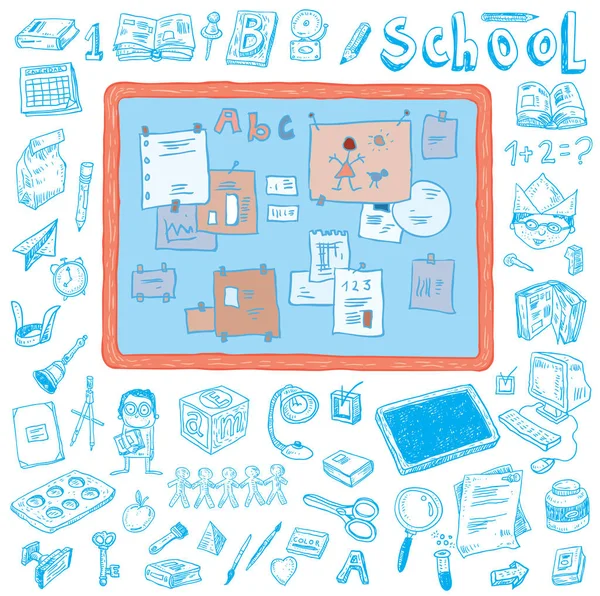 Terug naar school doodles elementen, set van labels en pictogrammen. Vector — Stockvector