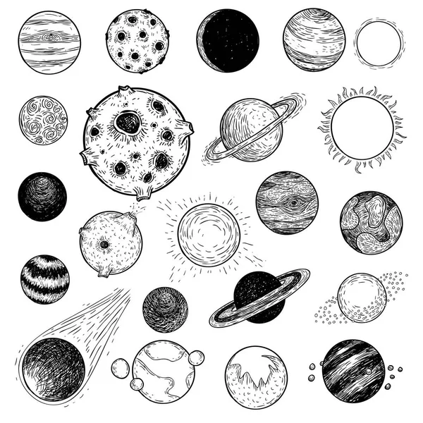 Set van planeten pictogram, hand getekende vector illustratie. — Stockvector