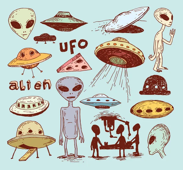 Ensemble d'icône alien et ufo, illustration vectorielle dessinée à la main . — Image vectorielle