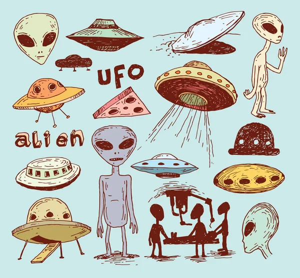Uzaylı ve ufo simgesi kümesi, el çizilmiş vektör illüstrasyon.