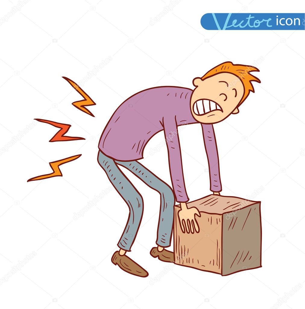  back in pain carrying heavy box, vector illustration.