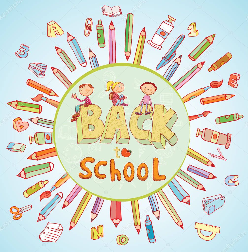 Back to School doodles elements, set of labels and icons. Vector