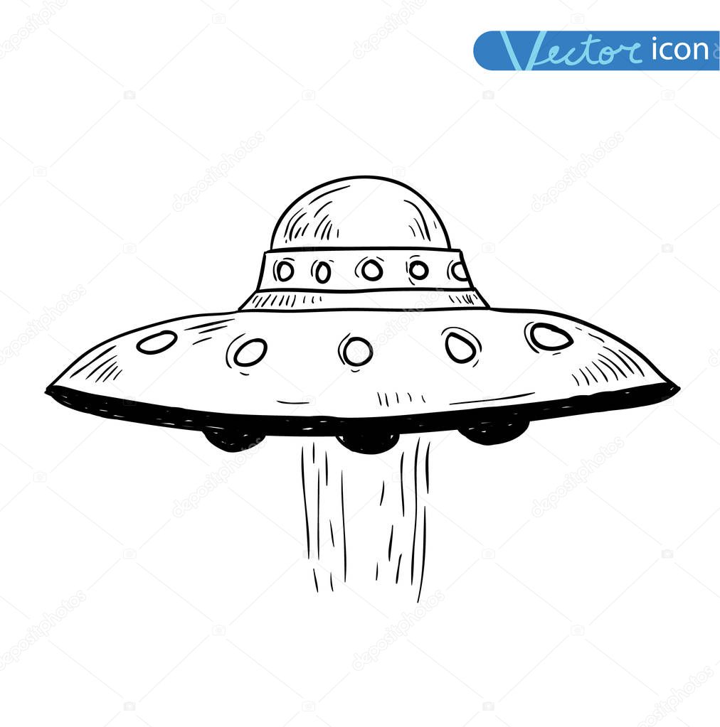 Set of alien and ufo icon, hand drawn vector illustration.