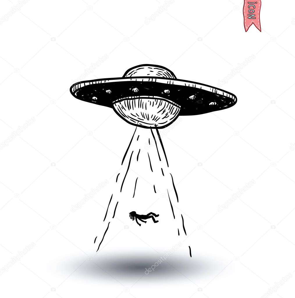 Set of alien and ufo icon, hand drawn vector illustration.