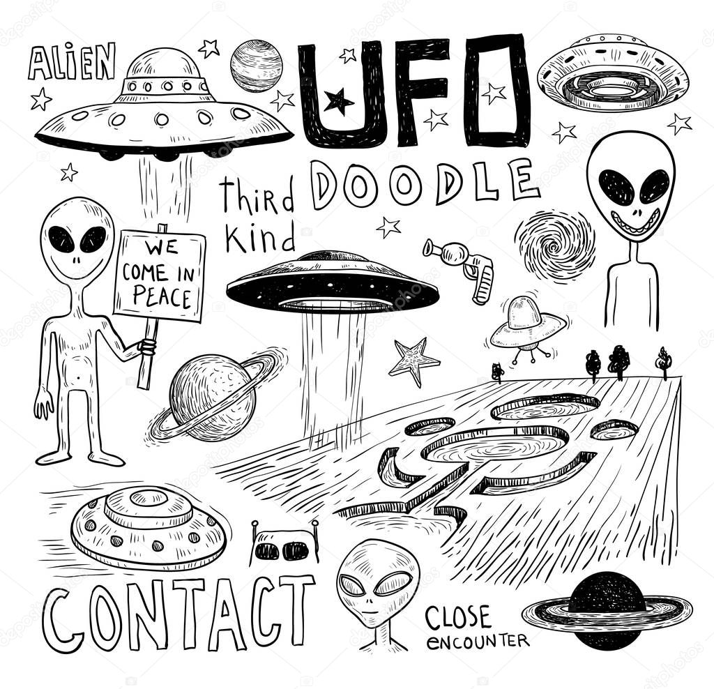 Set of alien and ufo icon, hand drawn vector illustration.
