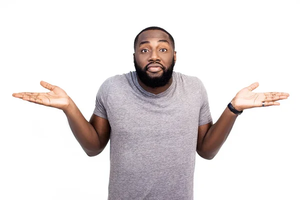 Handsome Black Man Showing Shrug Gesture Isolated White — Stock Photo, Image