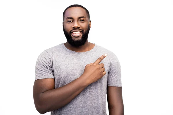 African American Man Pointing Something Isolated White — Stock Photo, Image