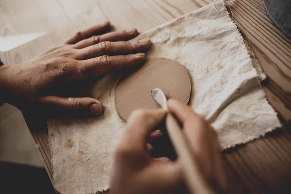 Close Top View Female Potter Makes Out Bricks Clay Large — Stock Photo, Image