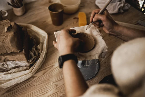 Woman Potter Teaching Art Pot Making Woman Working Potters Wheel — Stock Photo, Image