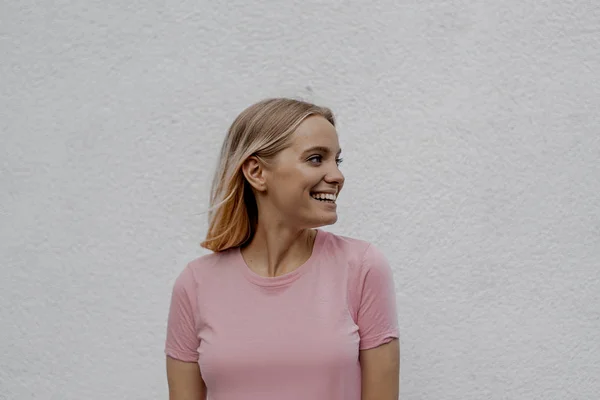 Smiling Attractive Blonde Woman Looking Away Grey Wall Street — Stock Photo, Image