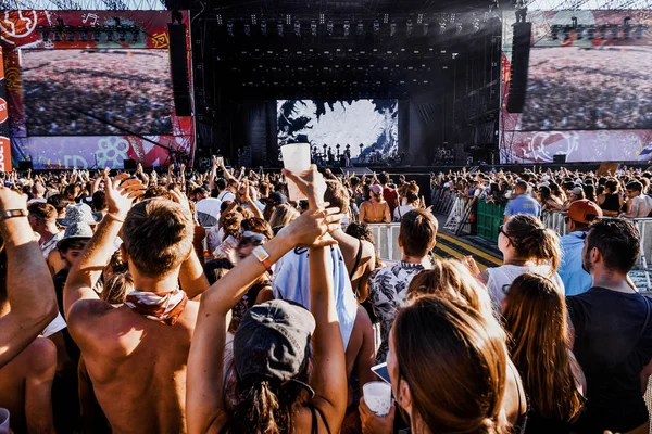 Müzik festivali dışında, kitlesel dünya etkinliği, sahnenin yakınında çok sayıda seyirci müzisyenin performansını dinliyor. Parlak renkler, yaz festivali, dans partisi, gerçek duygular. Eller yukarı, şarkıcı, konser