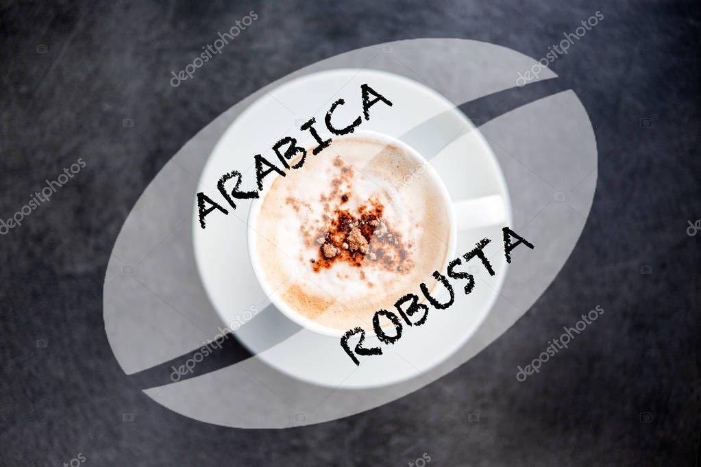 Arabica vs robusta confrontation. Difficult choice for the consumer. Different coffee beans approach. Trendy coffee culture, modern trend and subculture. 