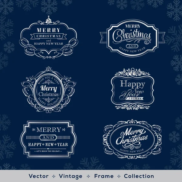 暗い青色の背景にクリスマスと新年のヴィンテージのシルバー フレーム デザイン要素 — ストックベクタ