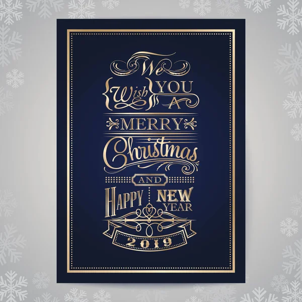 メリー クリスマスと新年あけましておめでとうございますヴィンテージ ゴールド活版印刷カード — ストックベクタ