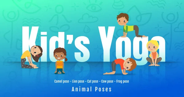 Crianças pequenas em poses diferentes do ioga, crianças que fazem o ioga com postura animal. Ilustração dos desenhos animados vetoriais . — Vetor de Stock