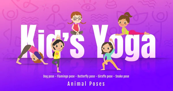 Niños pequeños en diferentes posturas de yoga, Niños haciendo yoga con postura animal. Dibujos animados vectoriales ilustración . — Archivo Imágenes Vectoriales