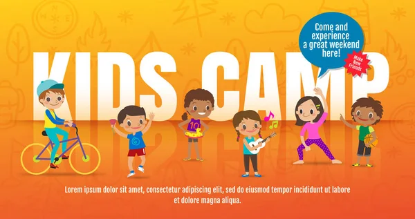 Concepto de campamento de niños, niños con muchas actividades ilustración vectorial de dibujos animados — Archivo Imágenes Vectoriales