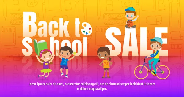 Niños volver a la venta de la escuela ilustración promocional, niños con muchas actividades ilustración vectorial de dibujos animados — Archivo Imágenes Vectoriales