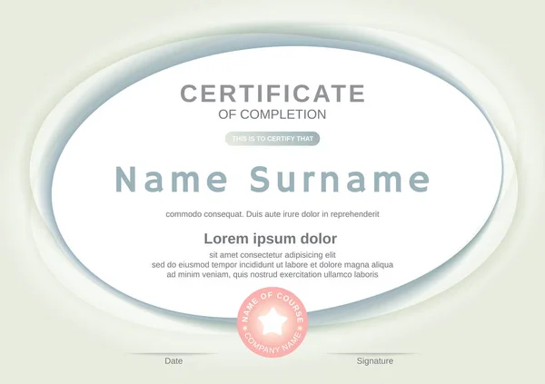 Certificaatsjabloon met ovale vorm achtergrond. Certificaat van voltooiing, Award diploma ontwerpsjabloon. — Stockvector