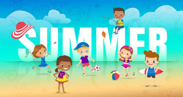Sommarsemester på stranden, barn med många utomhusaktiviteter. mångfald Kids med stor sommar brev på stranden bakgrund tecknad vektor illustration. — Stock vektor