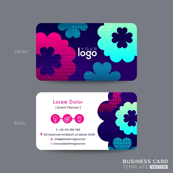 Visitekaartje ontwerp met levendige roze, blauw, Aqua kleur van bloem vorm grafische elementen achtergrond — Stockvector