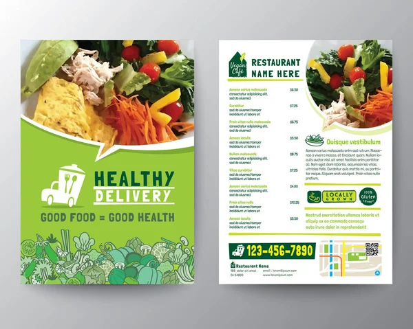 Food Delivery Flyer broszurę projekt wektorowy szablon. Zdrowy posiłek, zielony kolor menu restauracja szablon — Wektor stockowy