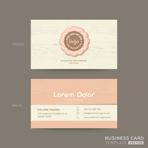 Business card for gift shop, coffee or bakery shop. Pink pastel name card design template with wooden background — Stock Vector