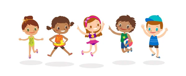 Diverso grupo de niños saltando aislado sobre fondo blanco, niños felices con traje de verano. Dibujos animados vectoriales ilustración — Archivo Imágenes Vectoriales
